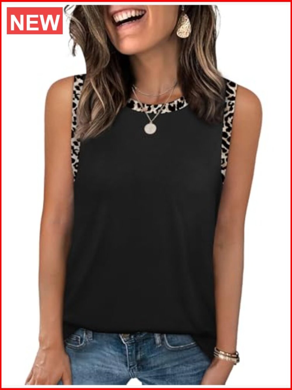 Women's Round Neck Color Block Sleeveless Tank Top Curved Hem Loose Fit Beach - Picture 2 of 6